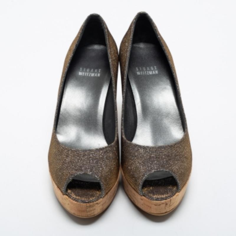 Stuart Weitzman Lurex Fabric Anna Cork Wedge Platform Peep Toe Pumps Size 37 For Sale 2