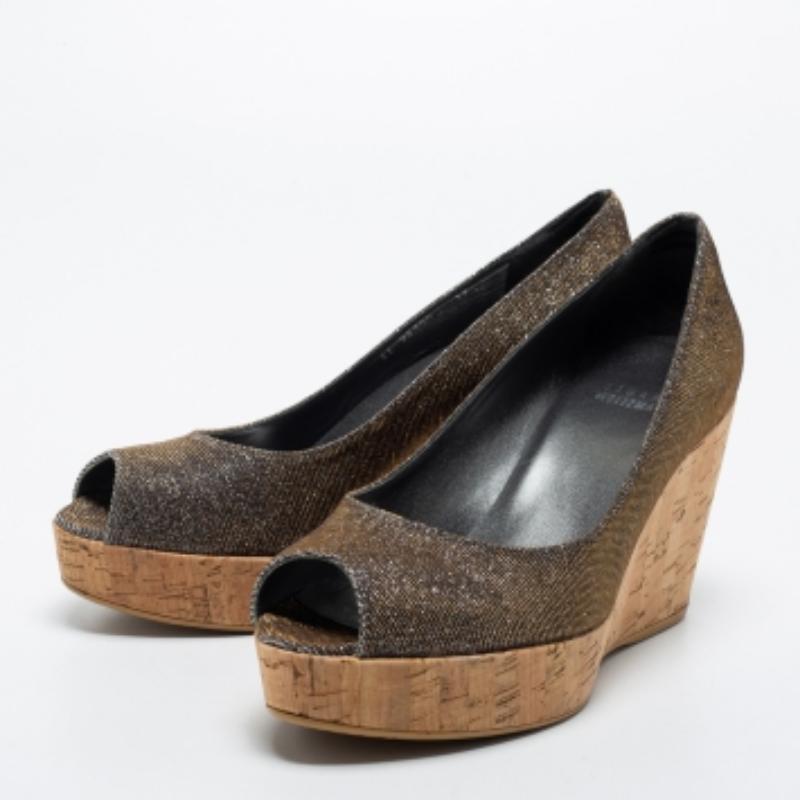 Stuart Weitzman Lurex Fabric Anna Cork Wedge Platform Peep Toe Pumps Size 37 For Sale 3