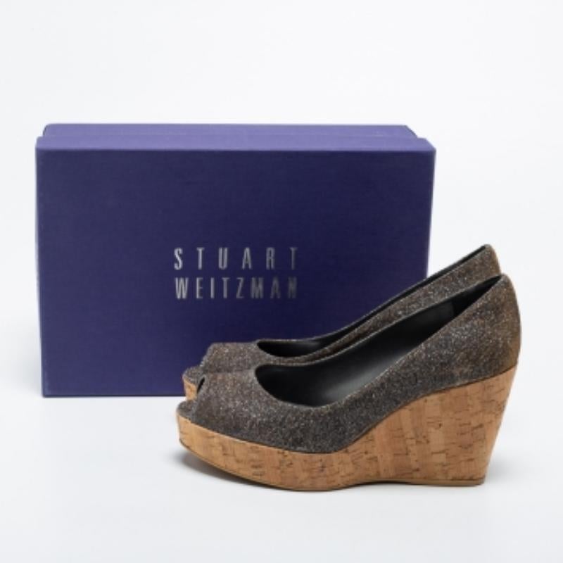 Stuart Weitzman Lurex Fabric Anna Cork Wedge Platform Peep Toe Pumps Size 37 For Sale 4