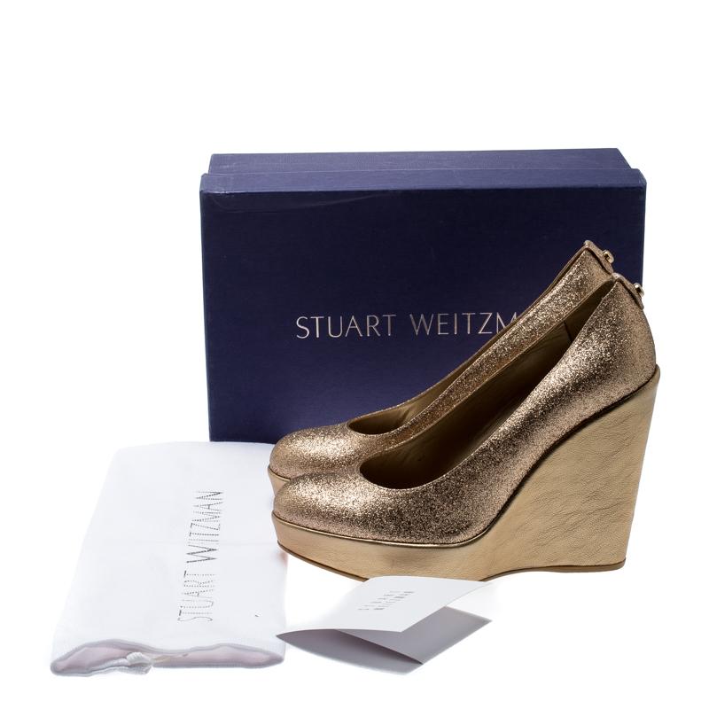 Stuart Weitzman Metallic Gold Glitter Platform Wedges Pumps Size 38 2