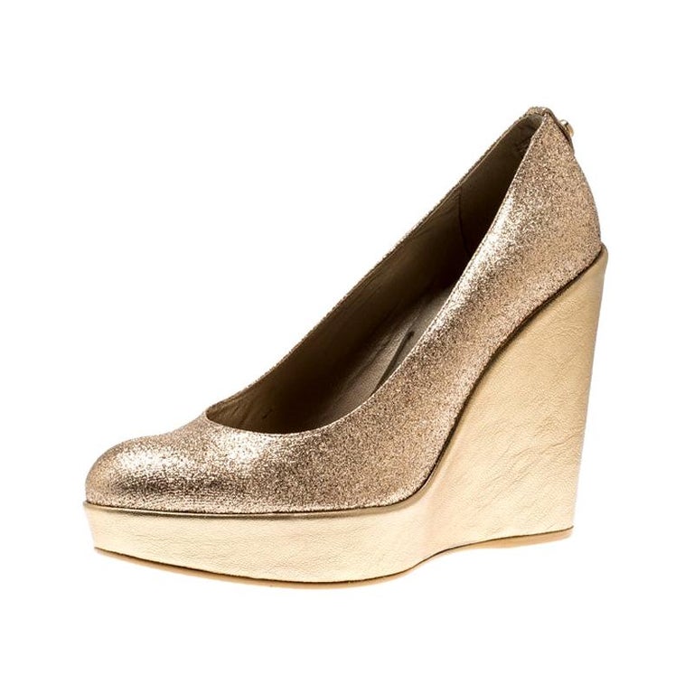 Stuart Weitzman Metallic Gold Glitter Platform Wedges Pumps Size 38 For
