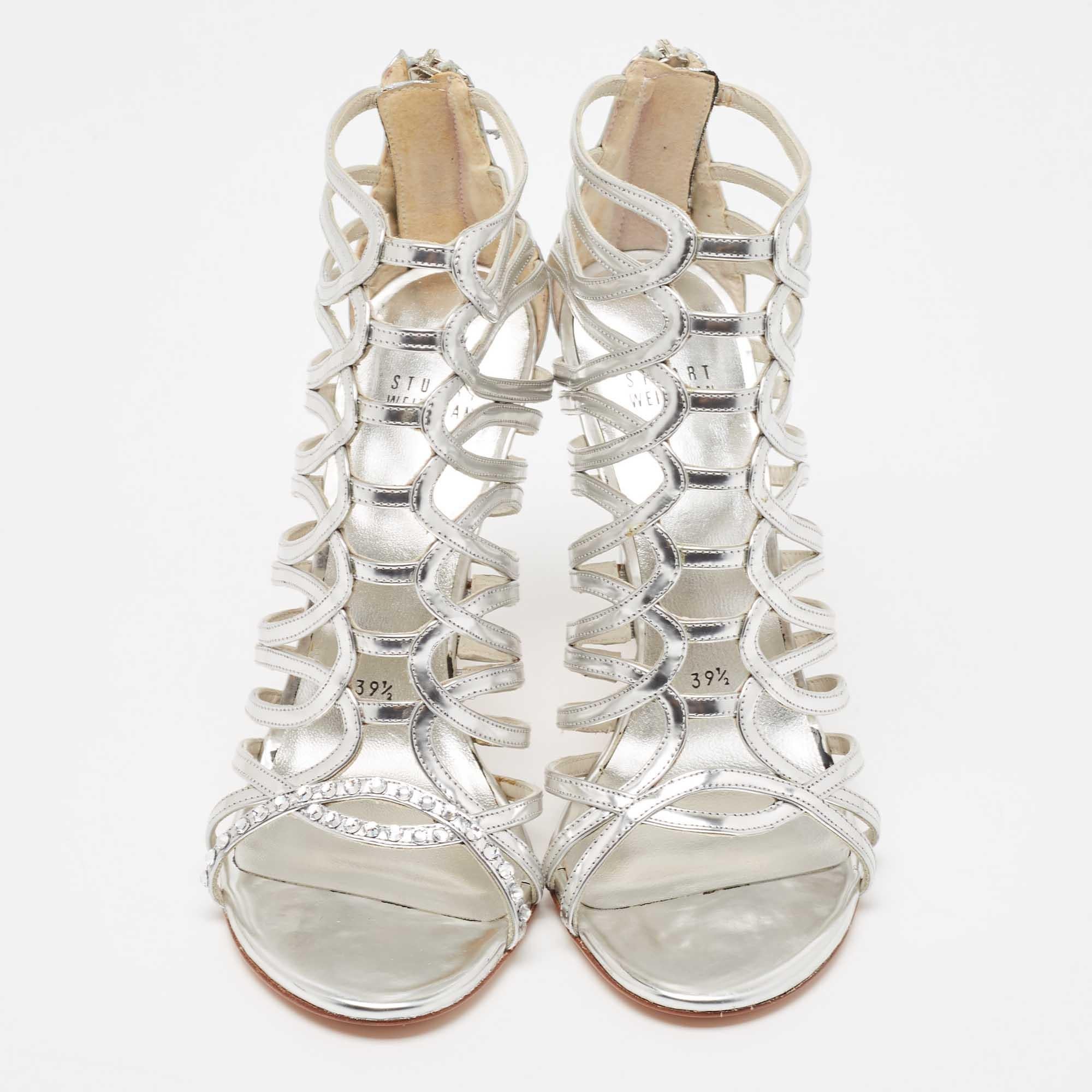 Stuart Weitzman Metallic Silver Leather Crystal Embellished Strappy Sandals Size 2