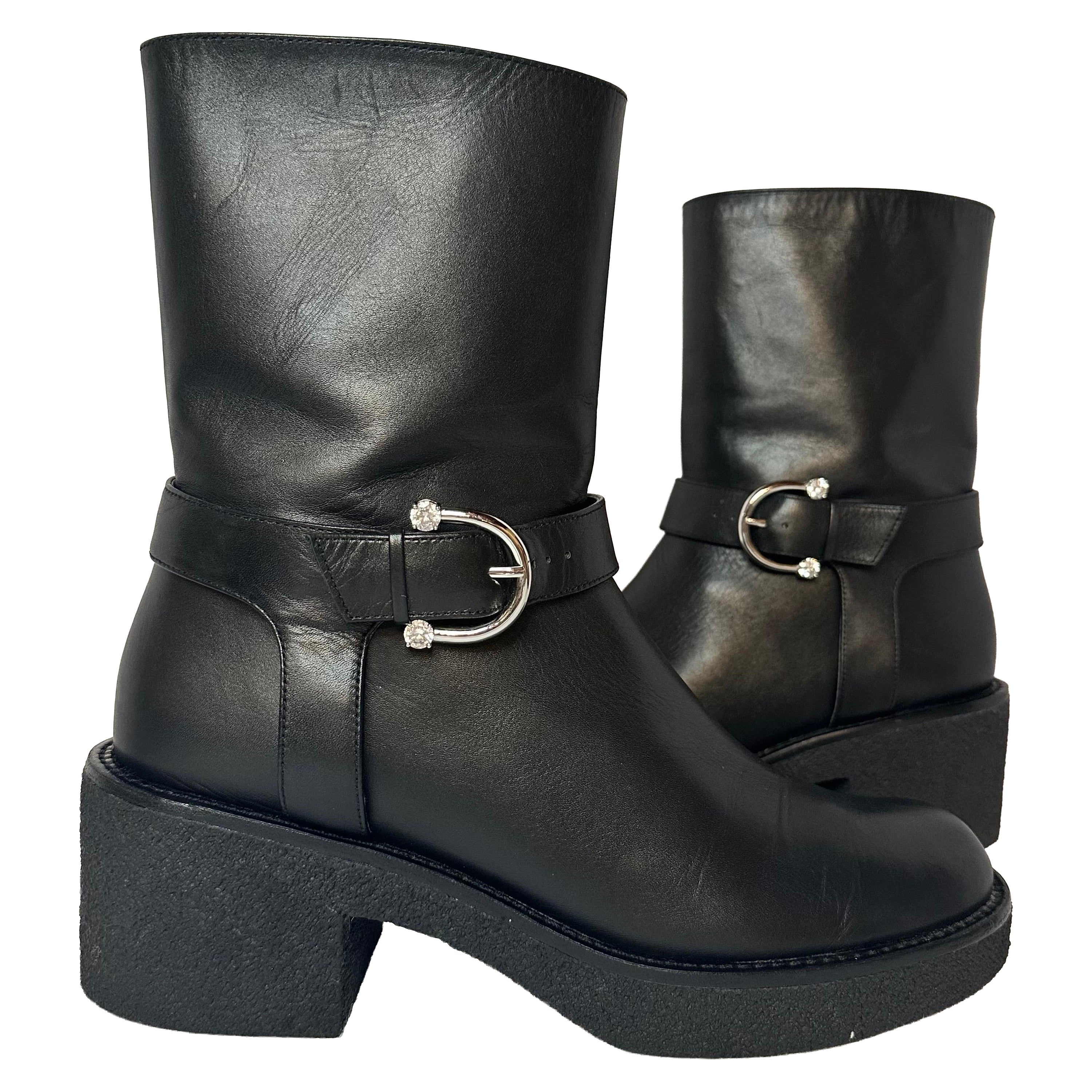 Pre-owned Stuart Weitzman Mountain Buckle Ankle Boots Us 11 Eu 41.5 Black Leather
