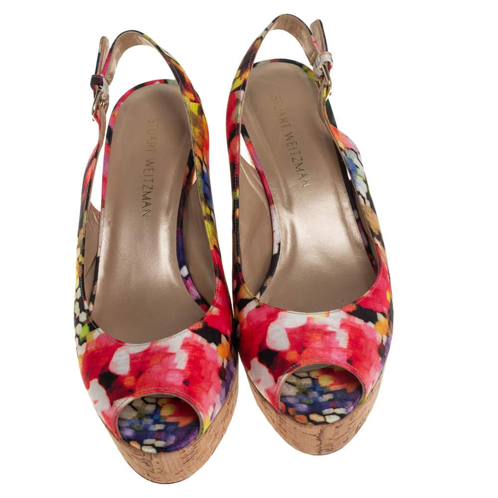 Brown Stuart Weitzman Multicolor Brocade Fabric Cork Wedge Sandals Size 43.5