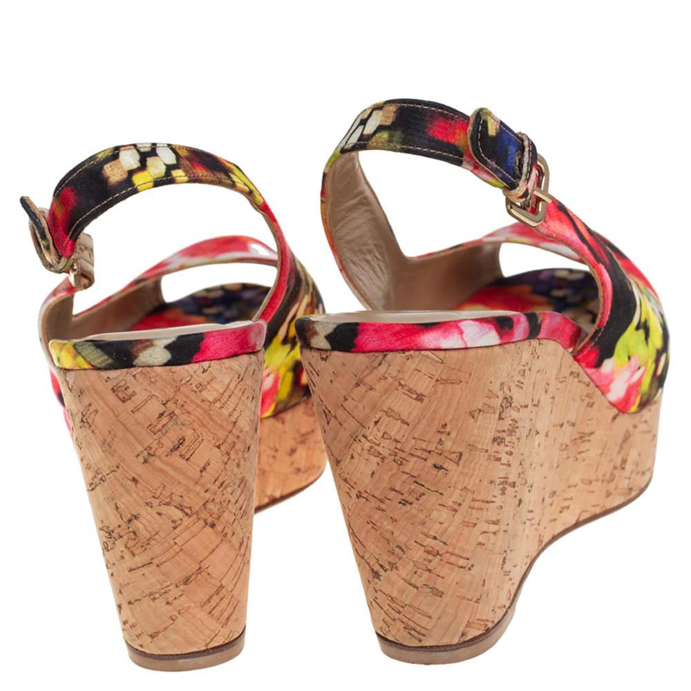Women's Stuart Weitzman Multicolor Brocade Fabric Cork Wedge Sandals Size 43.5