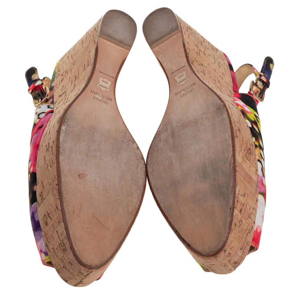 Stuart Weitzman Multicolor Brocade Fabric Cork Wedge Sandals Size 43.5 1