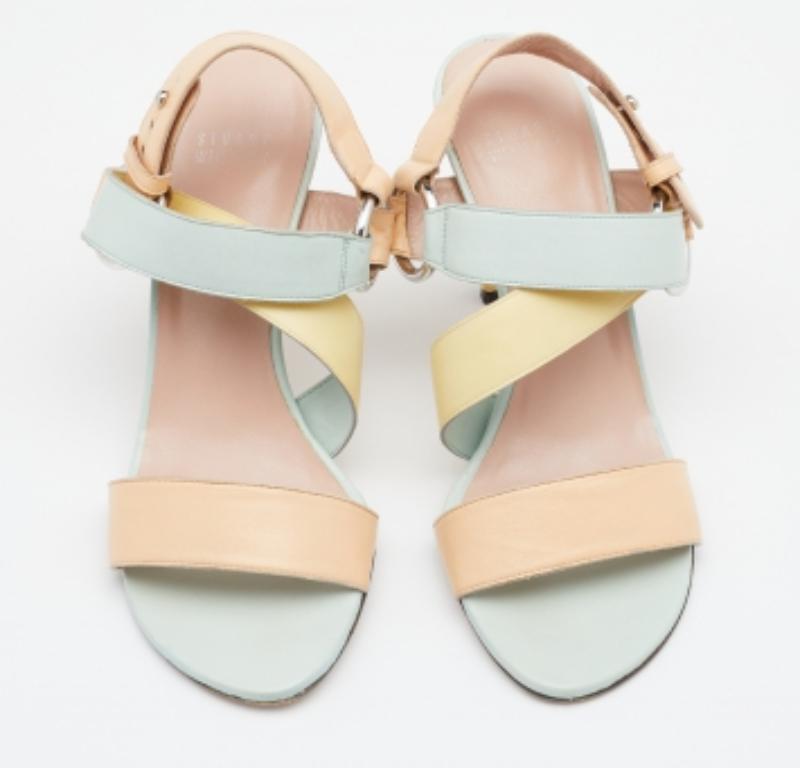 Beige Stuart Weitzman Multicolor Leather Ankle Wrap Sandals Size 39 For Sale