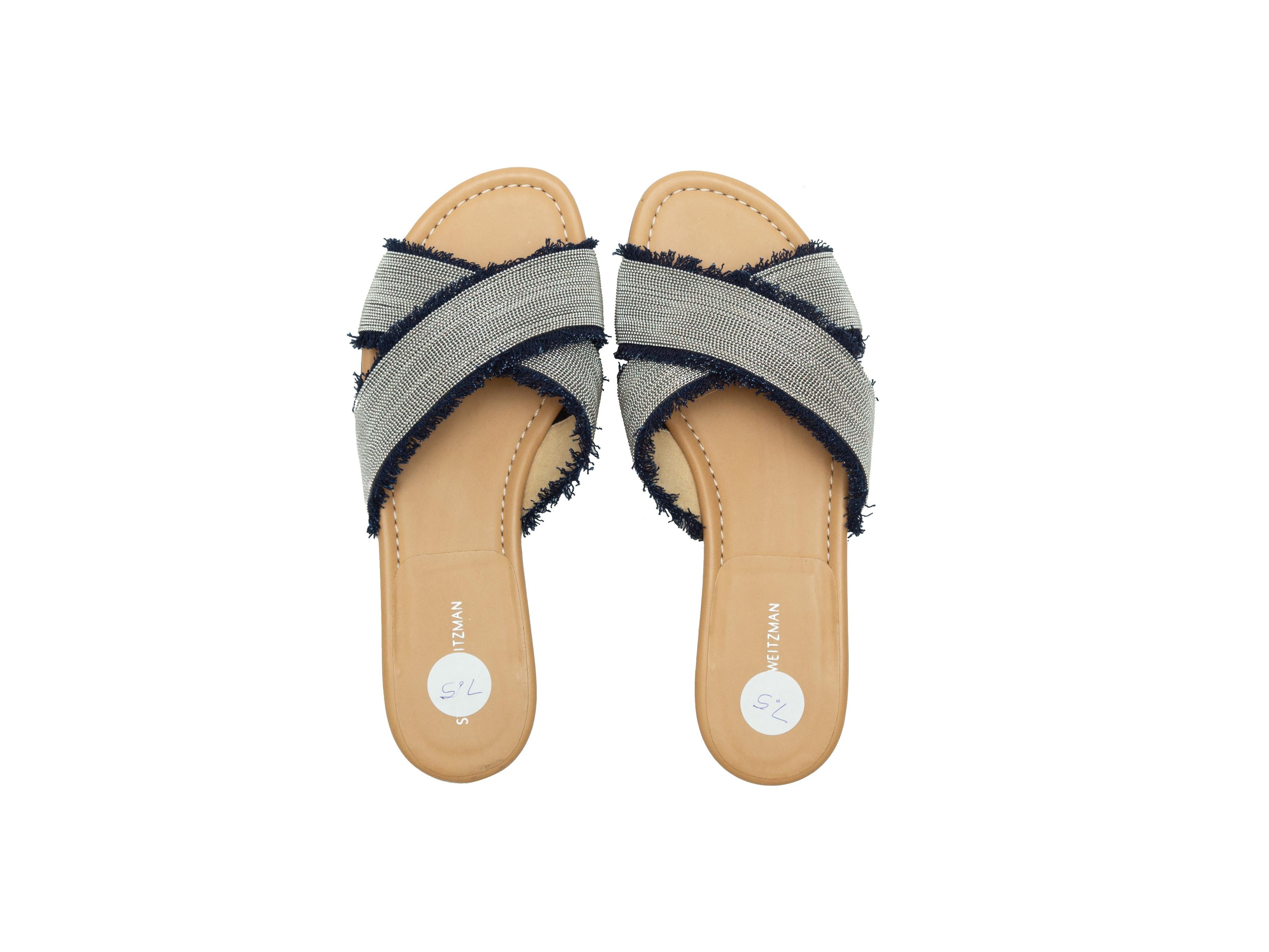 Brown Stuart Weitzman Navy & Silver-Tone Slide Sandals