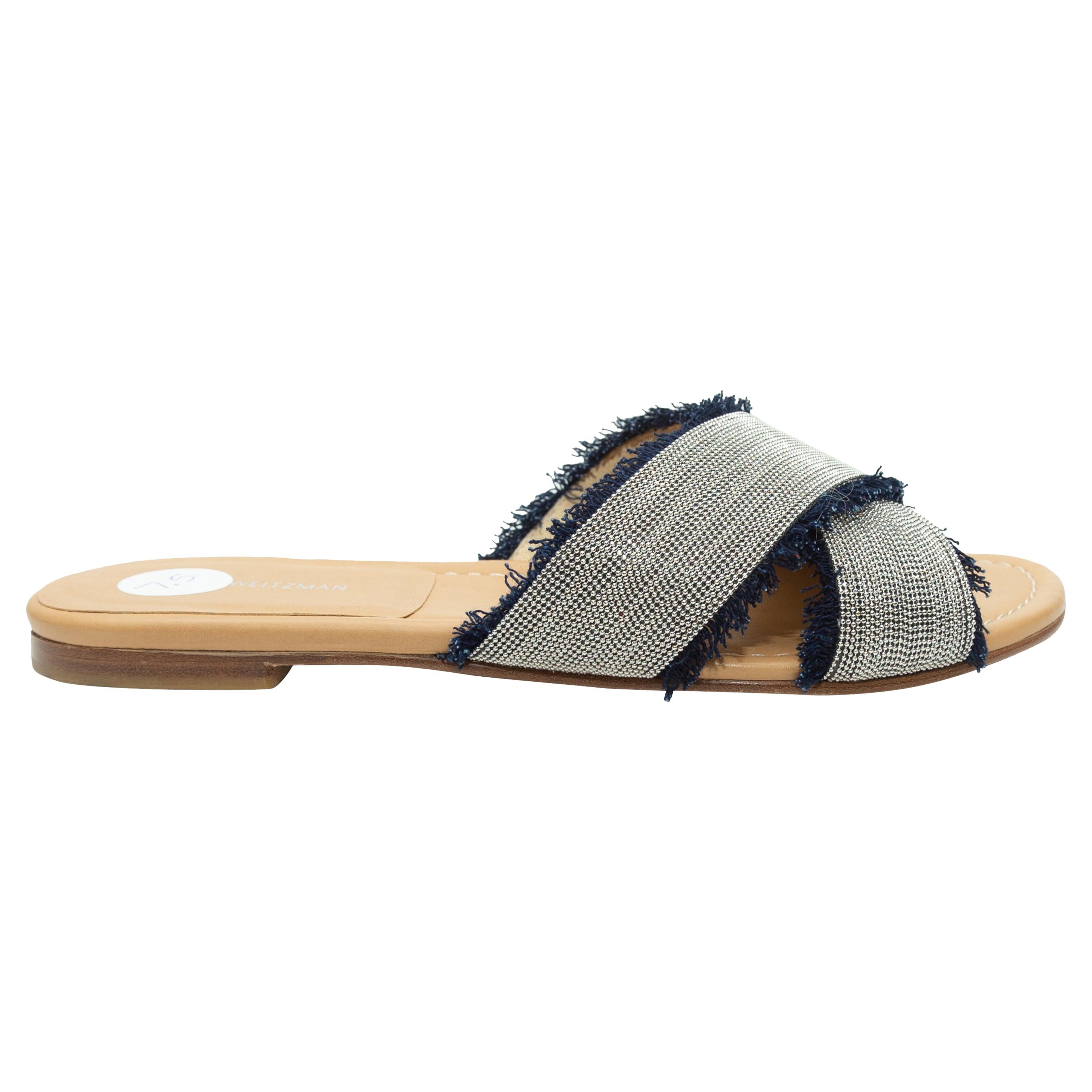 Stuart Weitzman Navy & Silver-Tone Slide Sandals