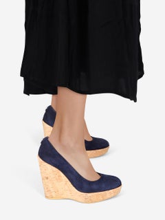Stuart Weitzman Navy Suede Cork Heel Wedges Size US 6.5