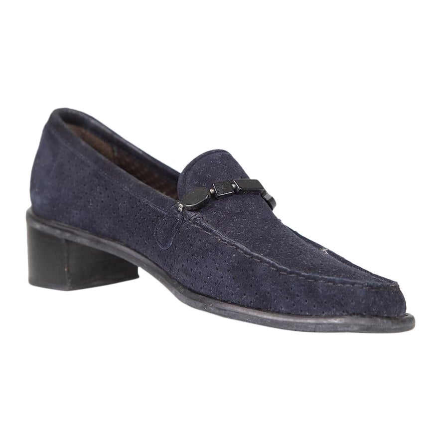 Stuart Weitzman Navy Suede Perforated Loafers Size US 9.5