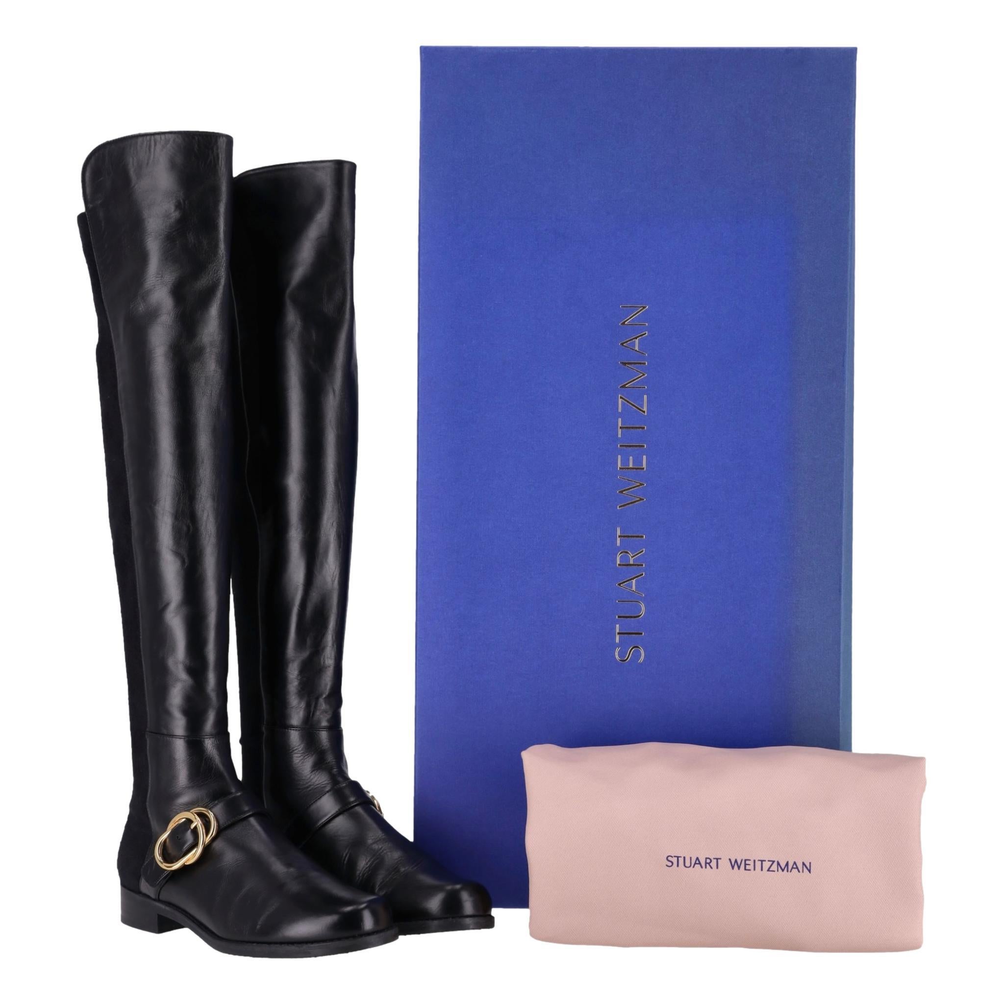 Stuart Weitzman Over-The-Knee Leather Boots

Black, slip-on over-the-knee 'Siella' boots crafted from leather with sueded, elasticated insert to rear.

Detailed leather strap to the vamp with gold buckle to the side, round toe and stacked block
