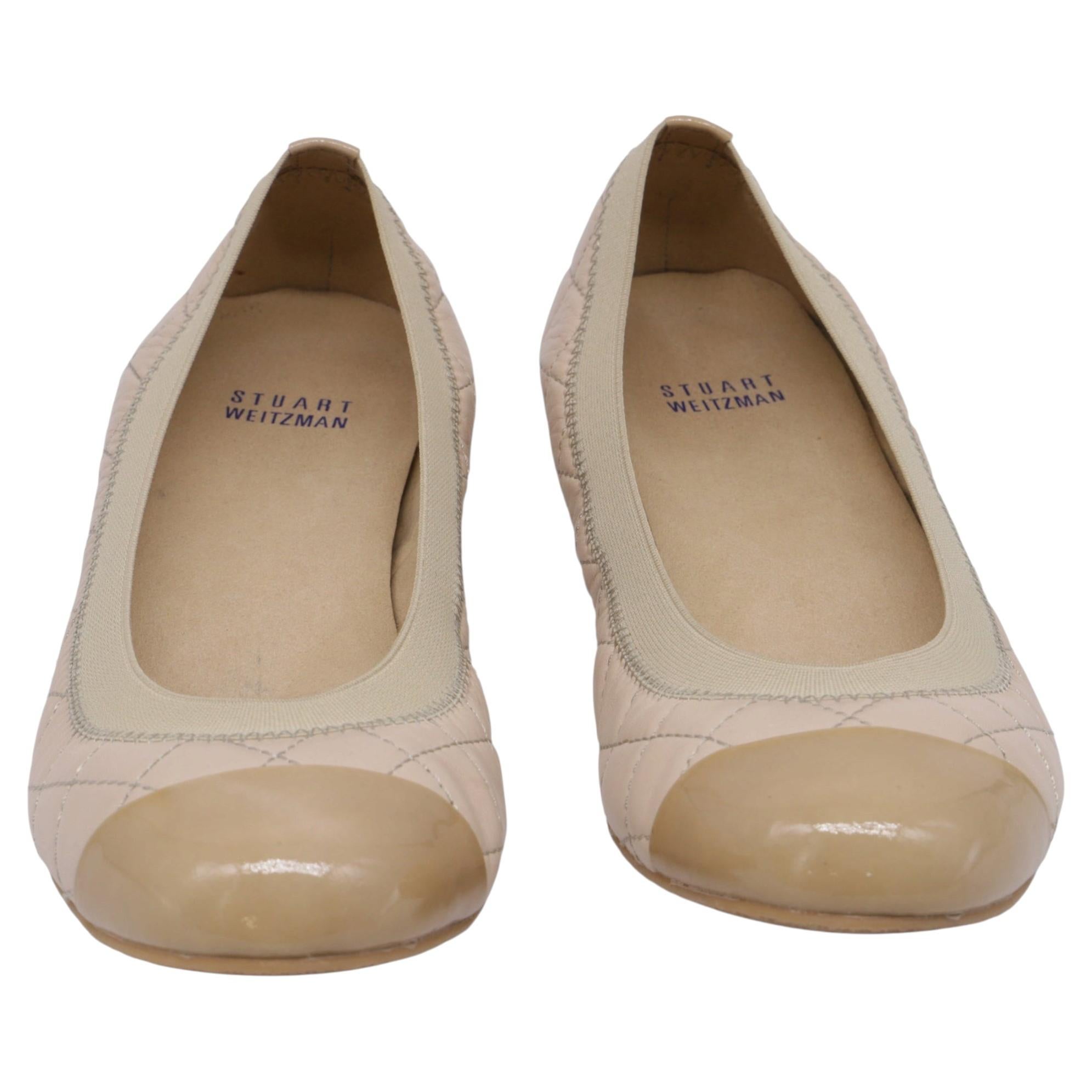 Stuart Weitzman Quilted Ballet Flats in Beige Leather For Sale