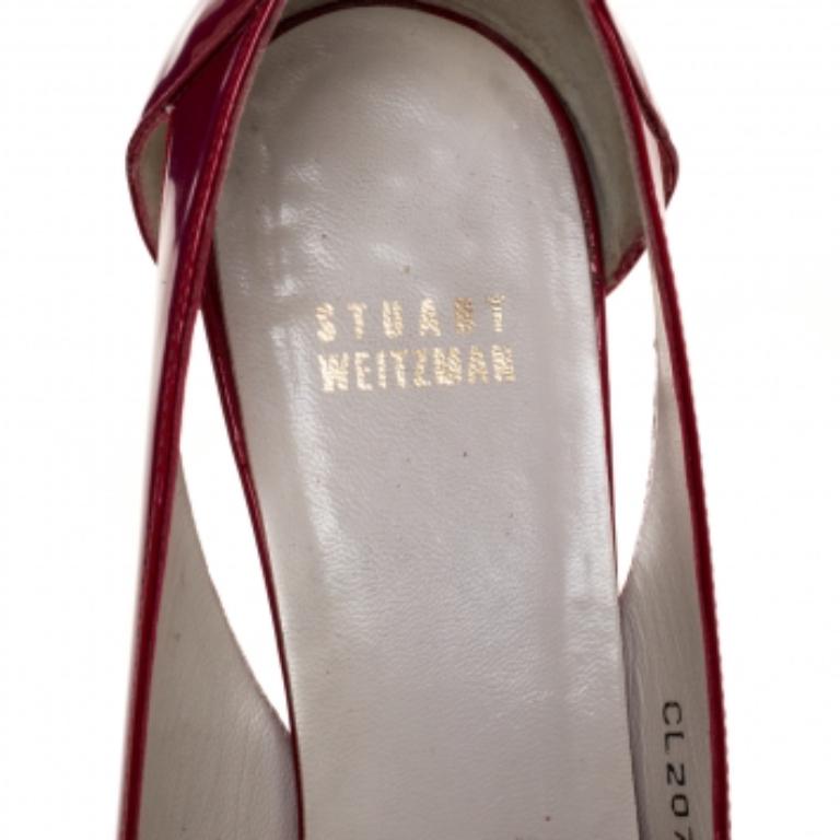 Stuart Weitzman Red Patent Leather Buckle Detail Open Toe Wedge Pumps Size 40 For Sale 1