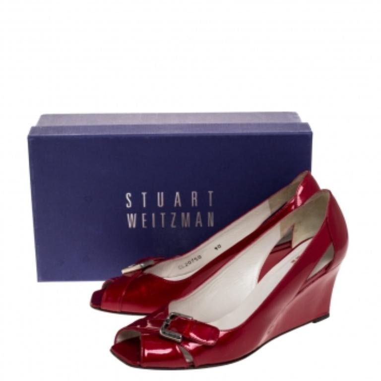 Stuart Weitzman Red Patent Leather Buckle Detail Open Toe Wedge Pumps Size 40 For Sale 4