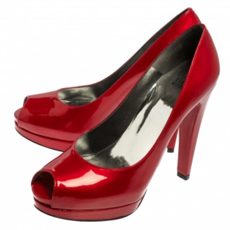 Women's Stuart Weitzman Red Patent Leather Peep Toe Pumps Size 38.5 For Sale