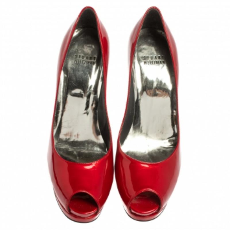 Stuart Weitzman Red Patent Leather Peep Toe Pumps Size 38.5 For Sale 1