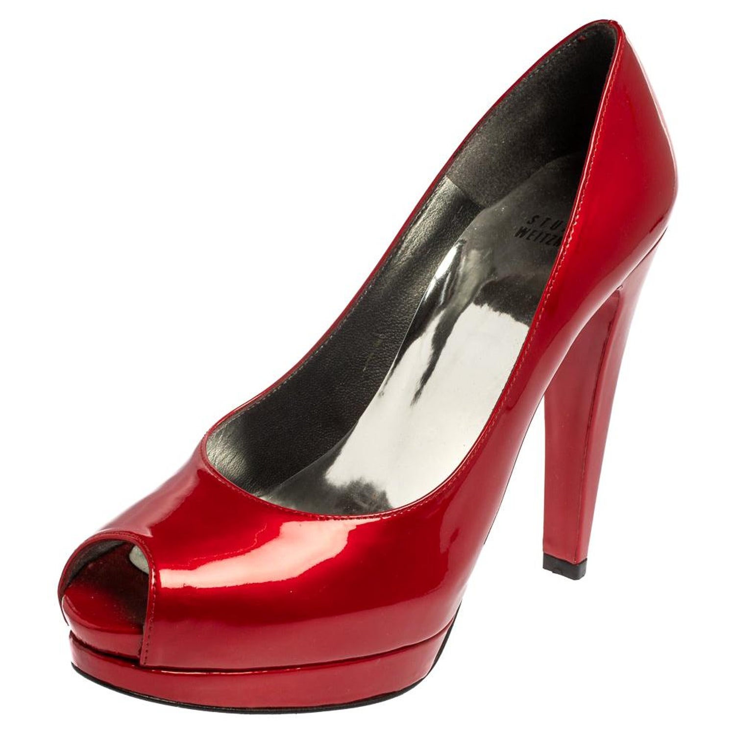 Stuart Weitzman Red Patent Leather Peep Toe Pumps Size 38.5 For Sale at  1stDibs