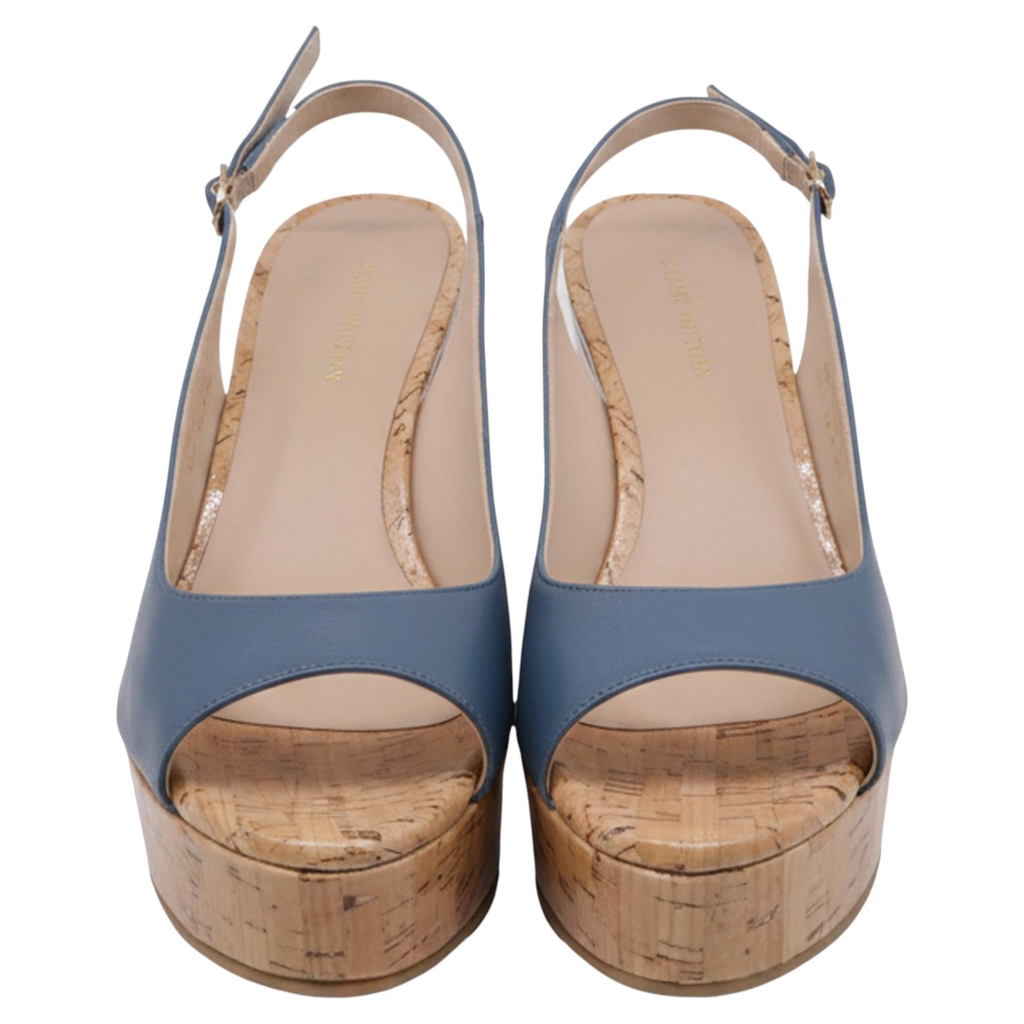Stuart Weitzman Riveria Slingback Wedge Sandal In Blue Leather For Sale
