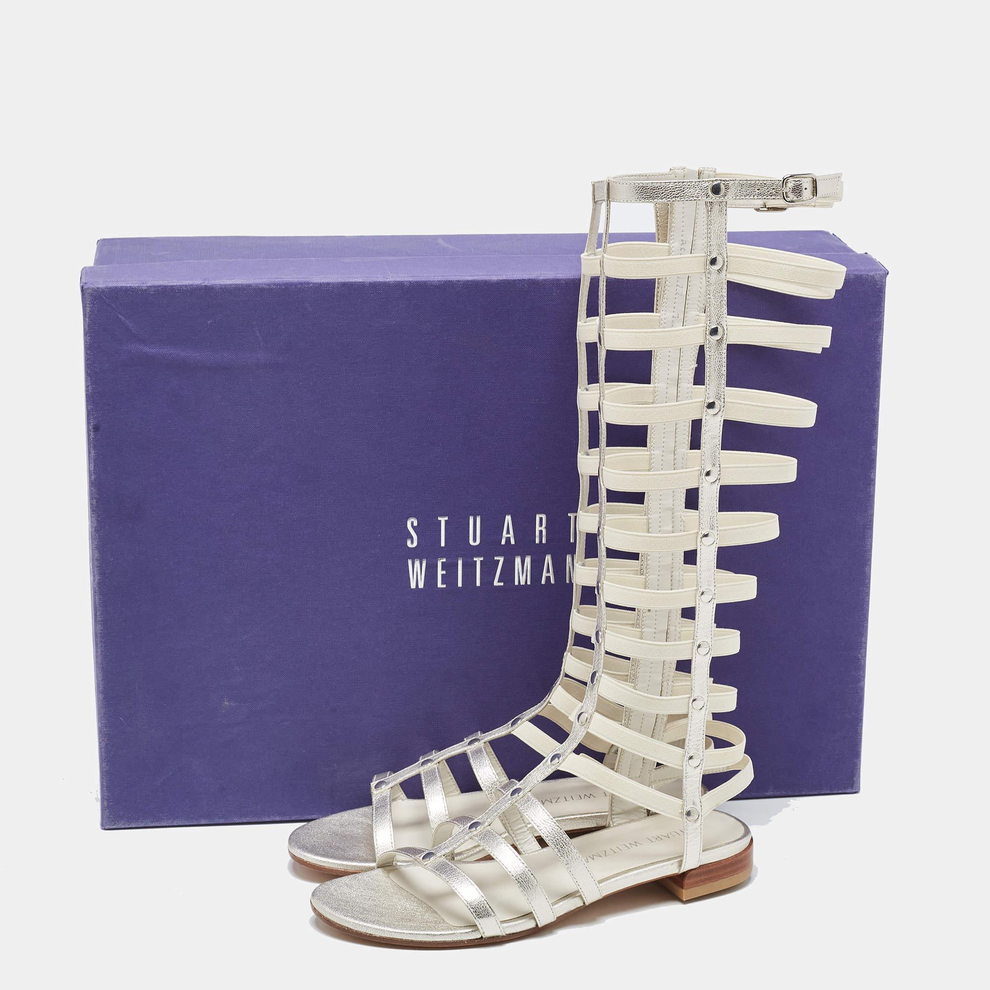 Stuart Weitzman Silver Leather And Elastic Gladiator Flat Sandals Size 36 For Sale 2