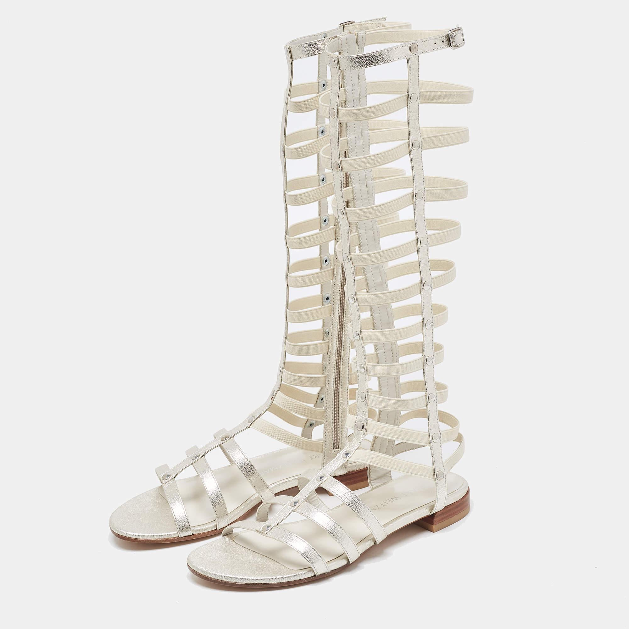 Stuart Weitzman Silver Leather And Elastic Gladiator Flat Sandals Size 36 For Sale 3
