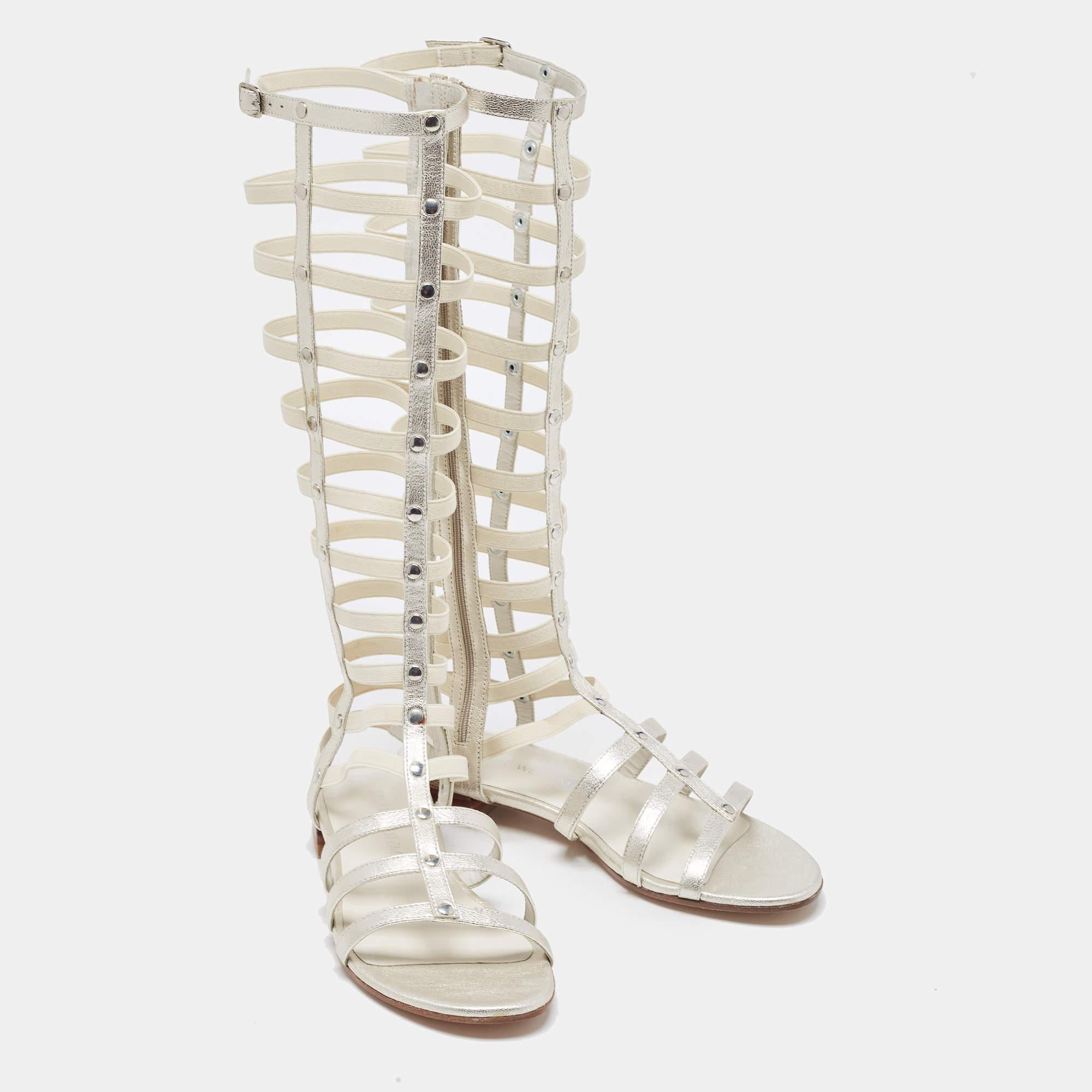 Stuart Weitzman Silver Leather And Elastic Gladiator Flat Sandals Size 36 4