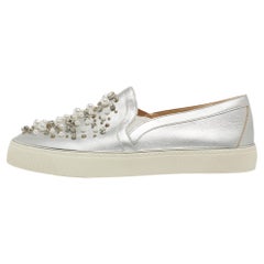 Stuart Weitzman Silver Leather Faux Pearl and Crystal Embellished Slip On