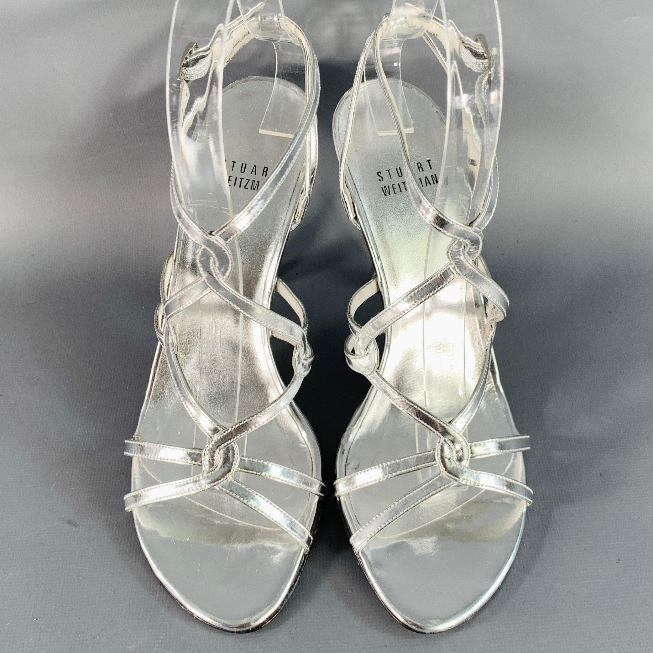 Women's STUART WEITZMAN Size 6 Metallic Silver Patent Leather Strappy Ankle Strap Sandals For Sale