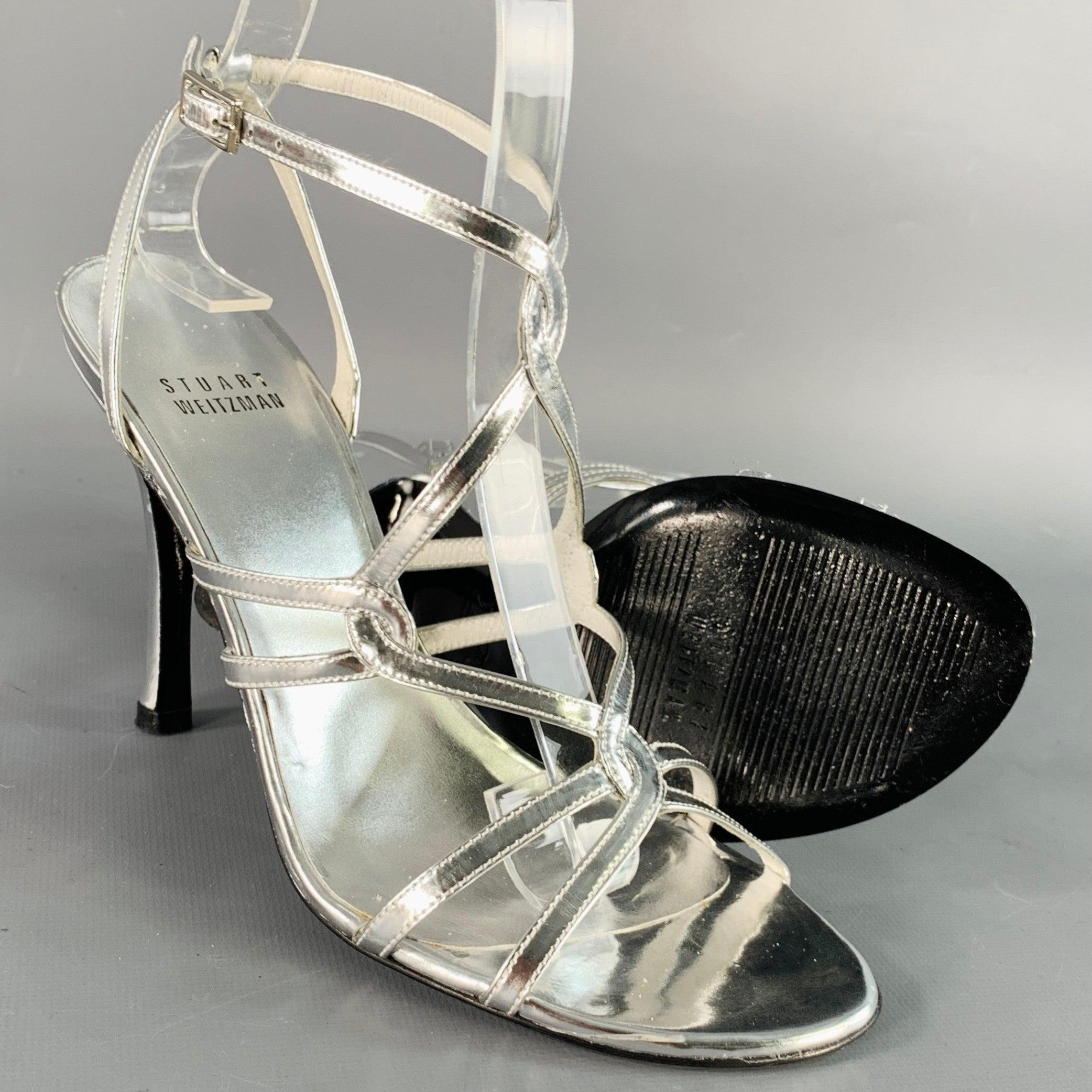 STUART WEITZMAN Size 6 Metallic Silver Patent Leather Strappy Ankle Strap Sandals For Sale 1