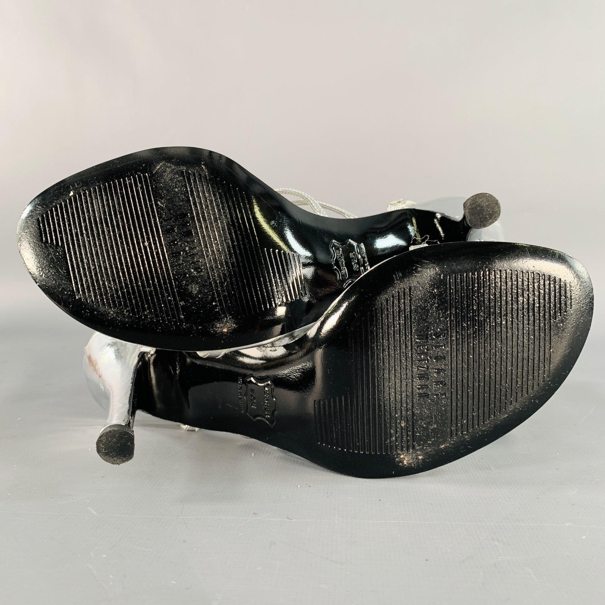 STUART WEITZMAN Size 6 Metallic Silver Patent Leather Strappy Ankle Strap Sandals For Sale 2