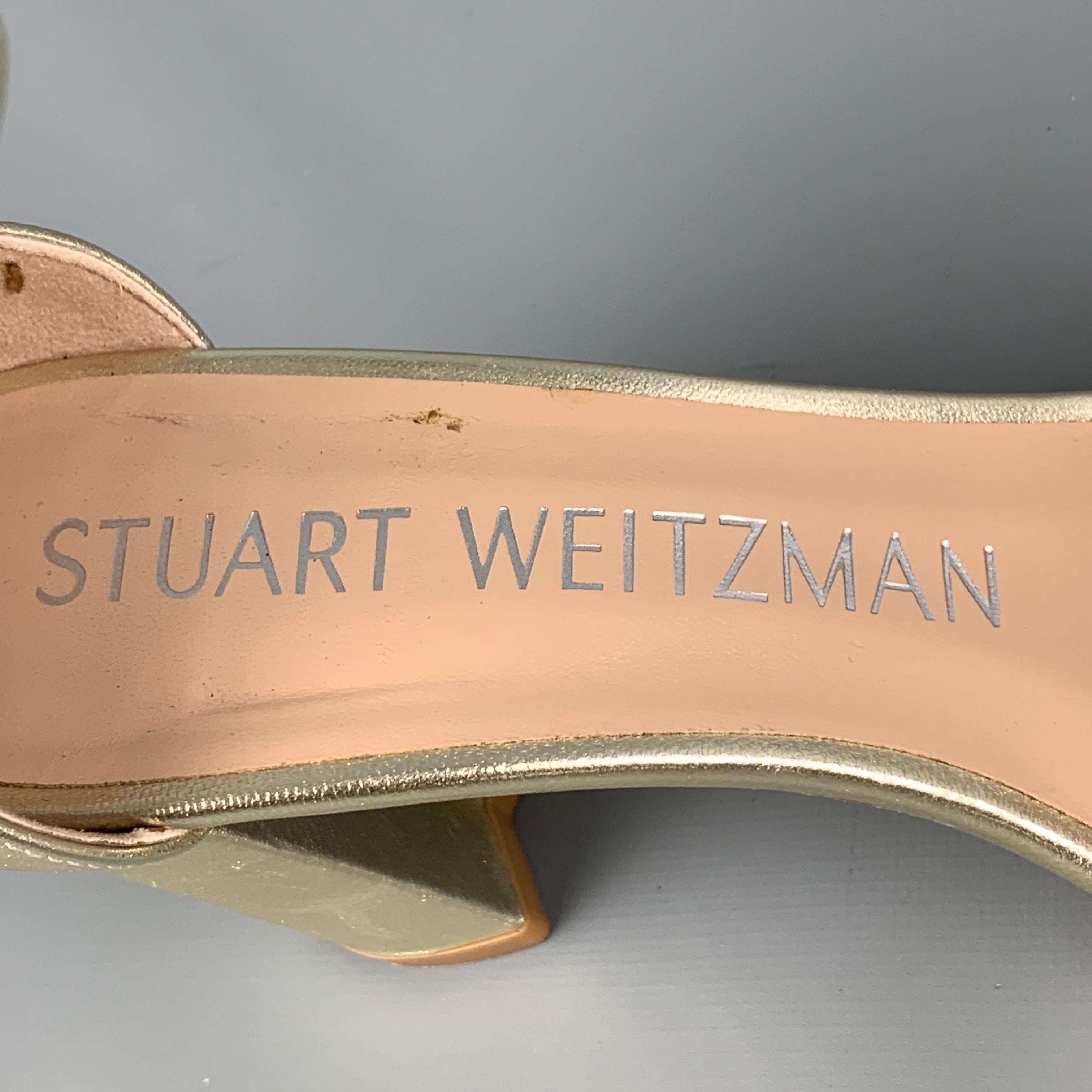 STUART WEITZMAN Size 6.5 Platinum Silver Leather Braided Chunky Heel Sandals In Good Condition In San Francisco, CA