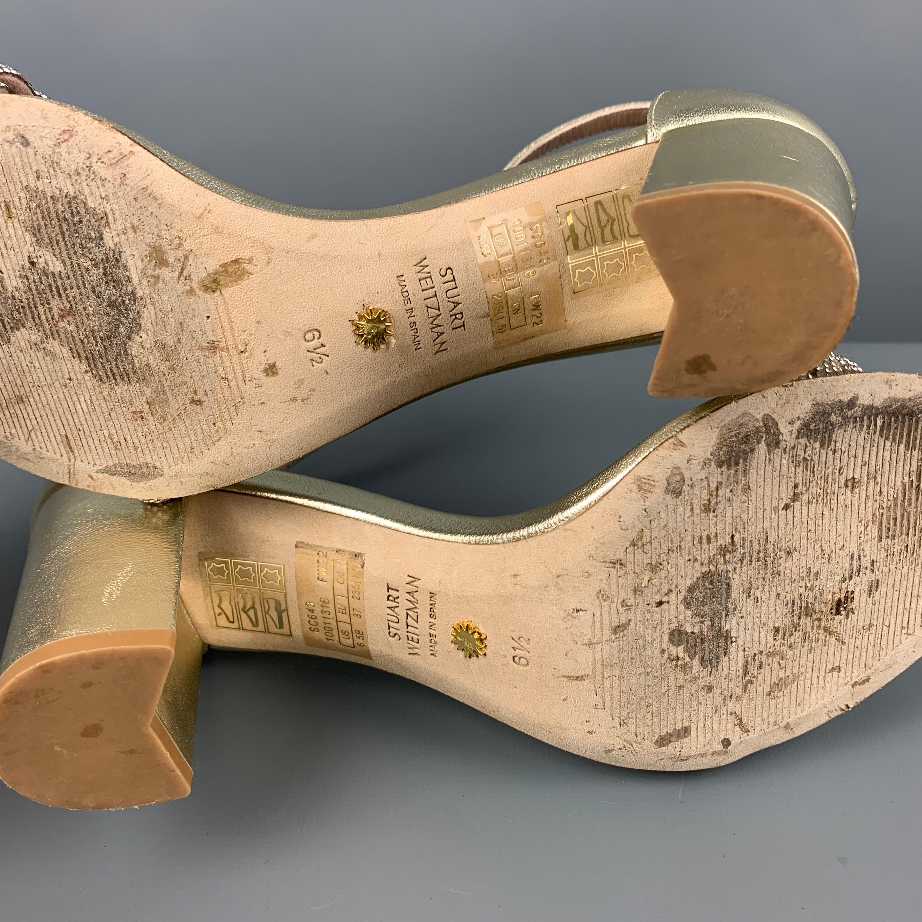 Women's STUART WEITZMAN Size 6.5 Platinum Silver Leather Braided Chunky Heel Sandals