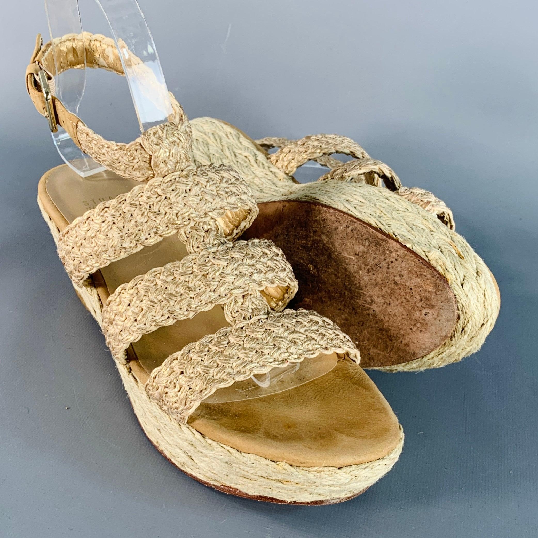Stuart Weitzman Sandali Espadrille Metallizzati Beige Nature Taglia 7 in vendita 1