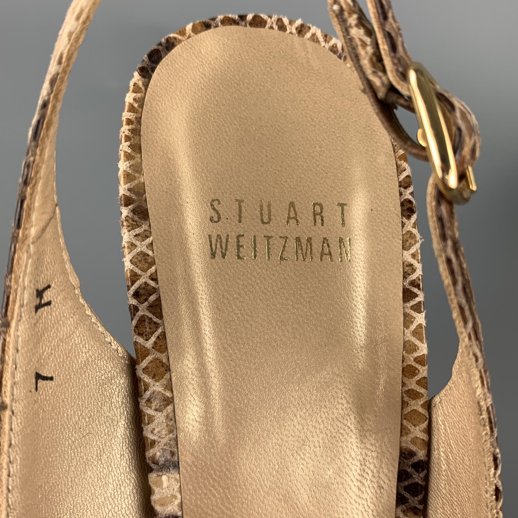 STUART WEITZMAN Size 7 Beige Snake Skin Print Slingback Sandals In Good Condition In San Francisco, CA