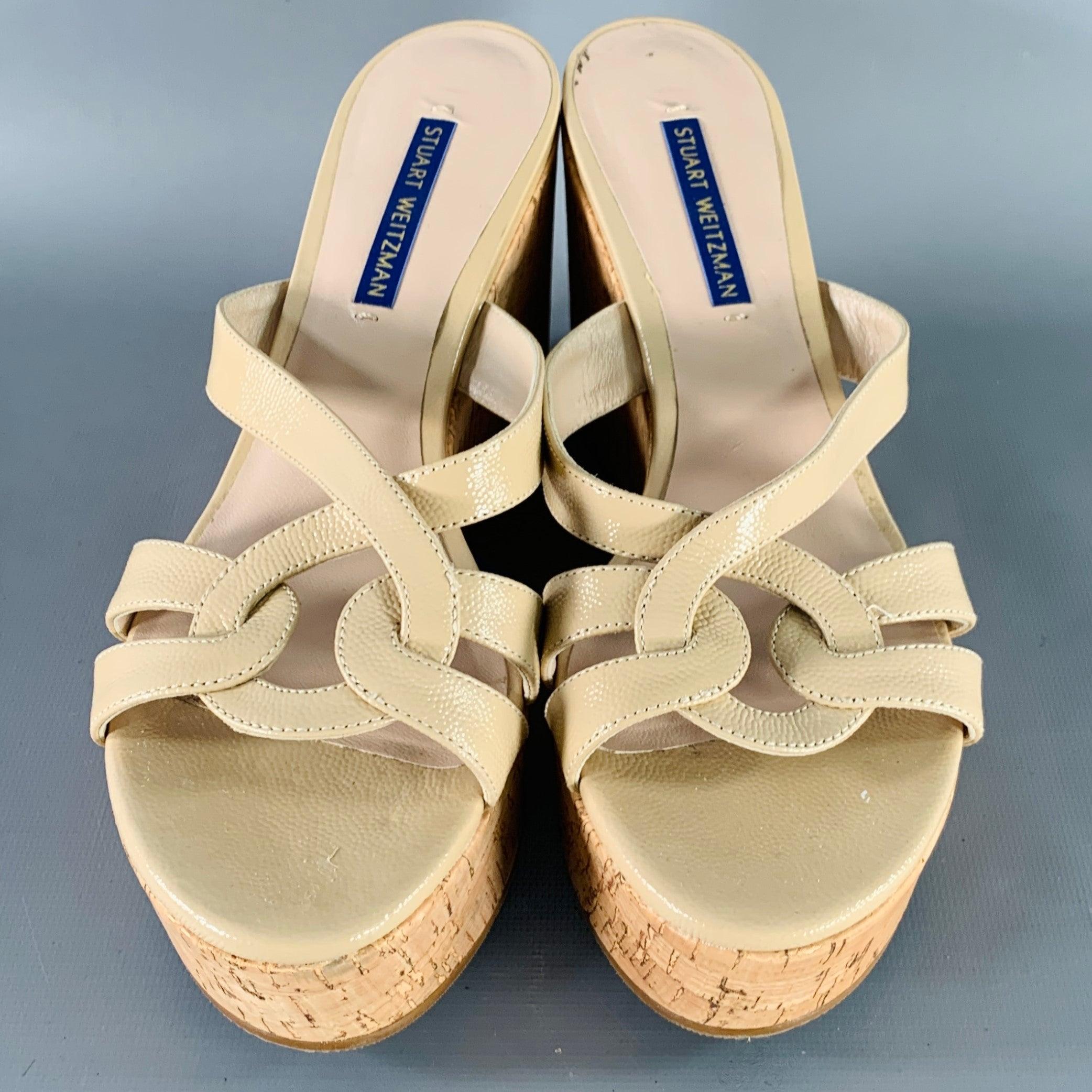 Women's STUART WEITZMAN Size 7 Beige Textured Cork Platform Wedge Sandals For Sale