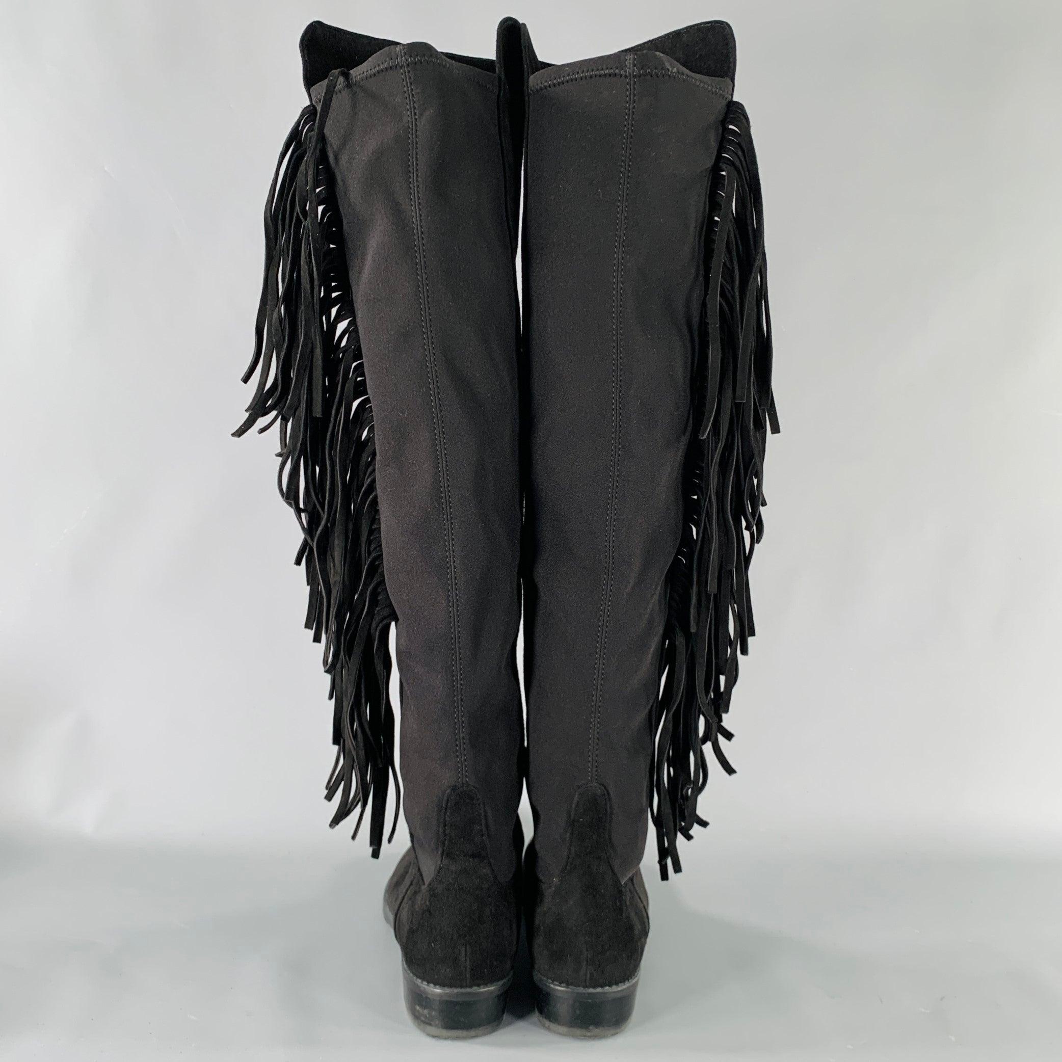 STUART WEITZMAN Size 7.5 Black Nylon Suede Fringe Pull On Boots In Good Condition For Sale In San Francisco, CA