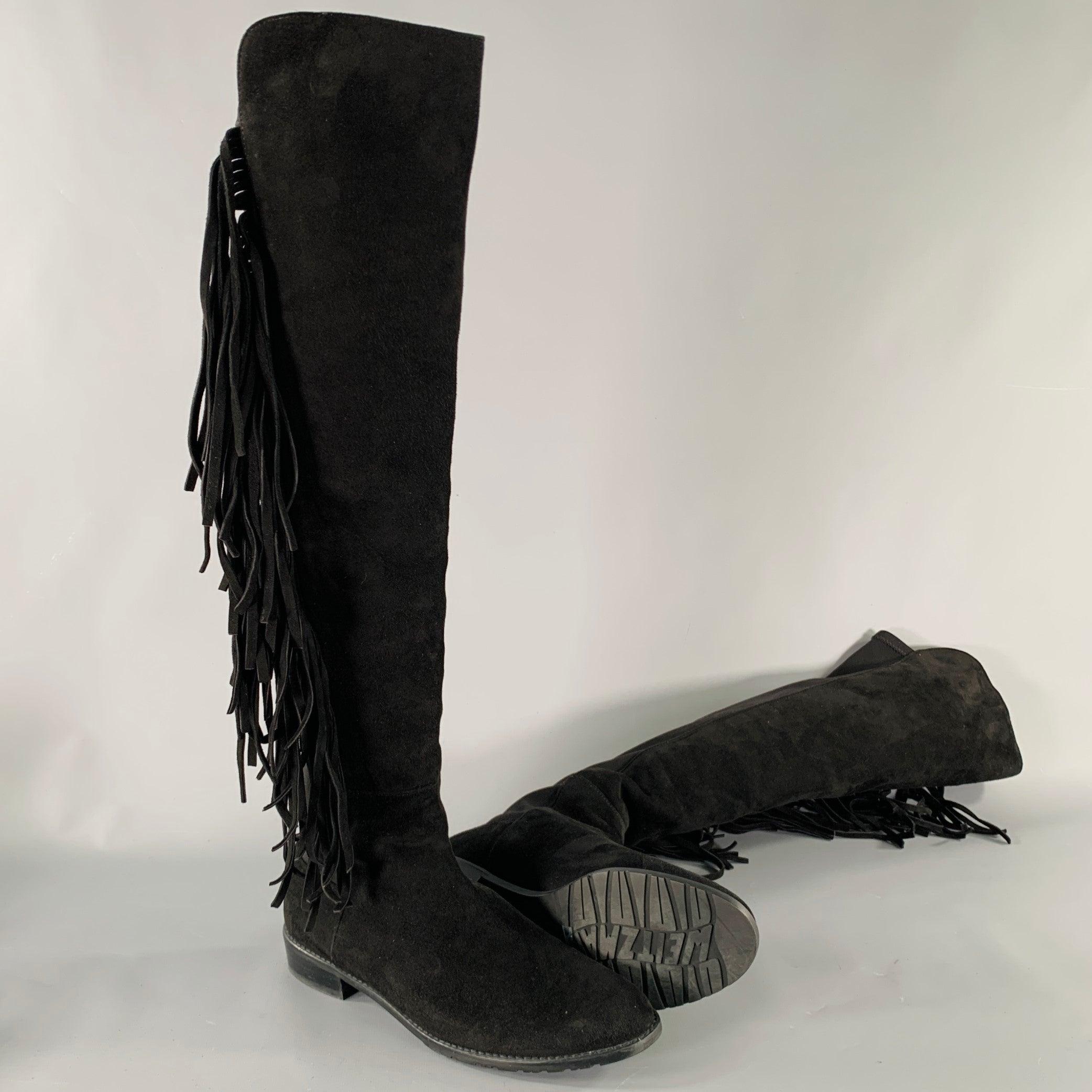 Women's STUART WEITZMAN Size 7.5 Black Nylon Suede Fringe Pull On Boots For Sale