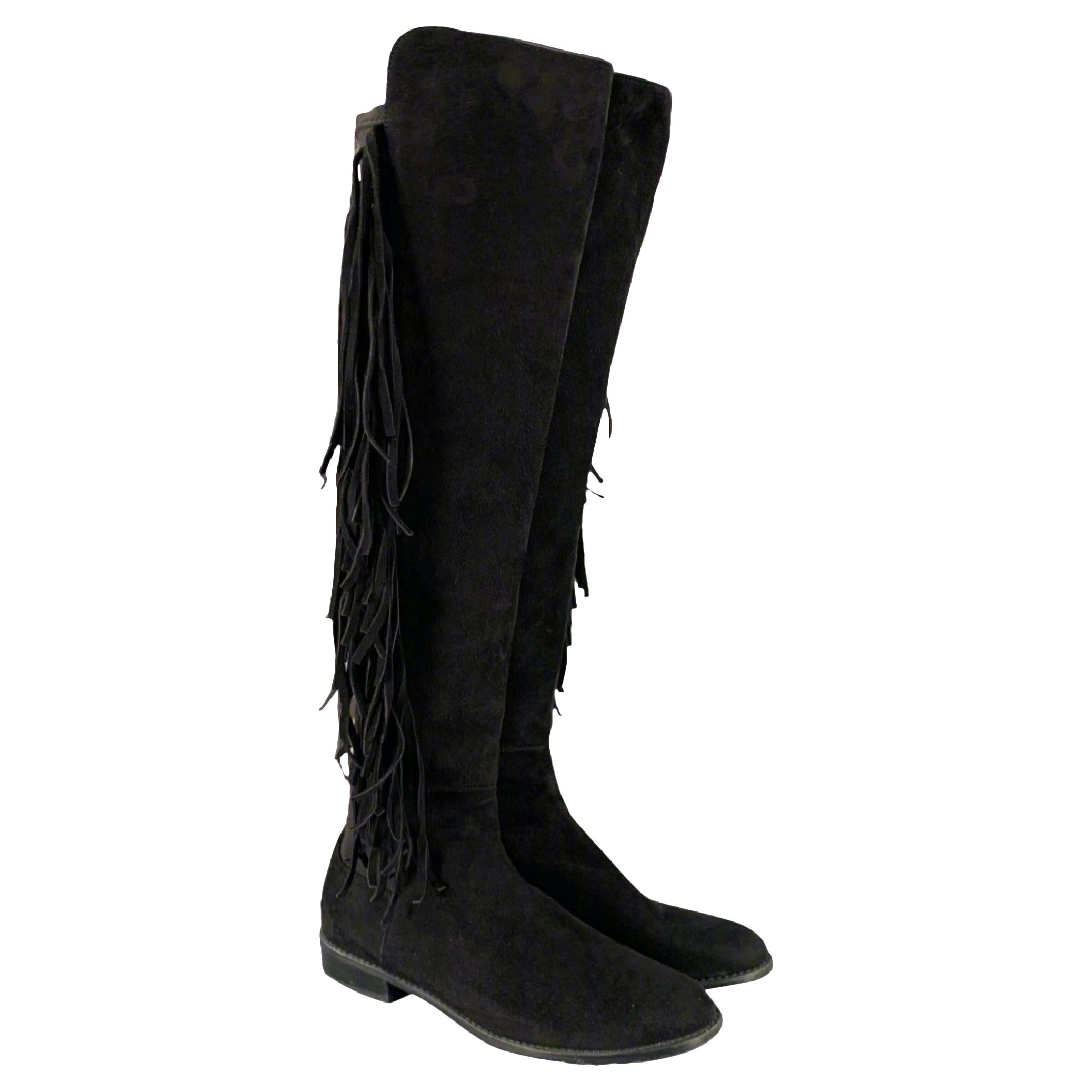 STUART WEITZMAN Size 7.5 Black Nylon Suede Fringe Pull On Boots