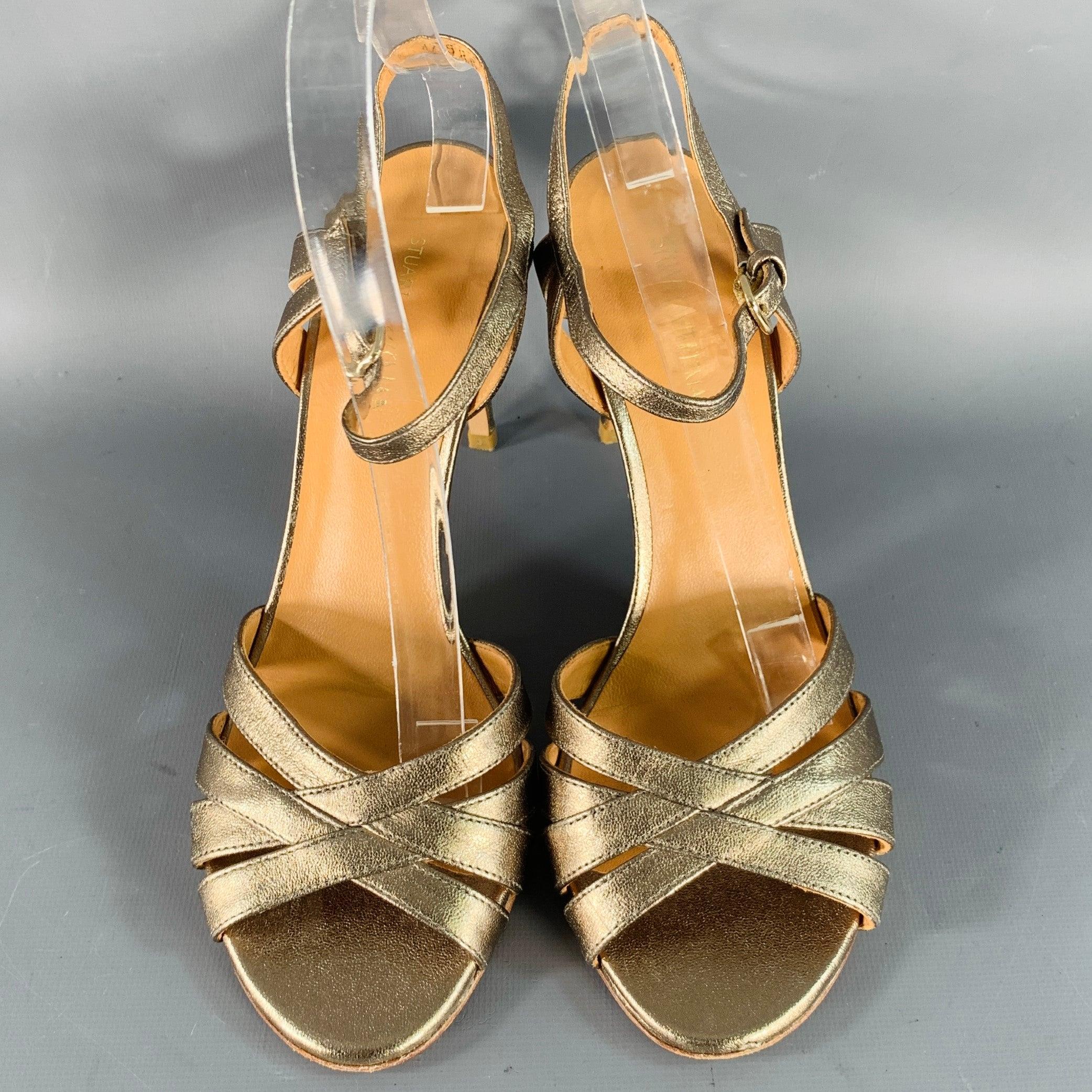 Women's STUART WEITZMAN Size 8 Metallic Gold Leather Strappy Ankle Strap Sandals For Sale