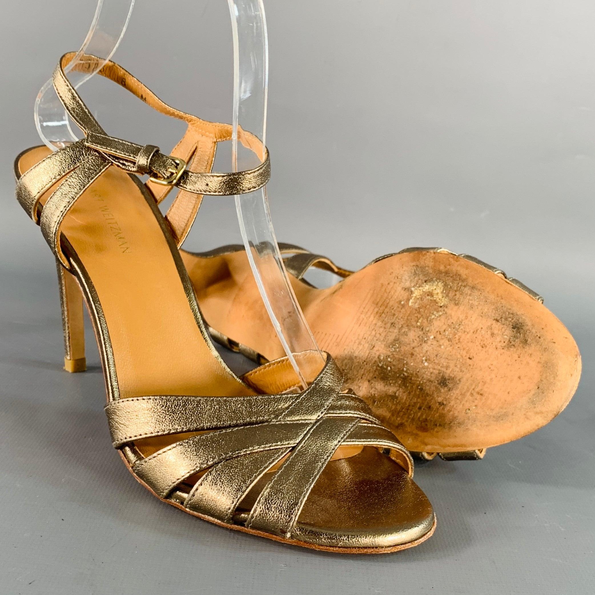 STUART WEITZMAN Size 8 Metallic Gold Leather Strappy Ankle Strap Sandals For Sale 1