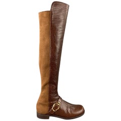 Used STUART WEITZMAN Size 9.5 Brown & Cognac Embossed Leather Boots