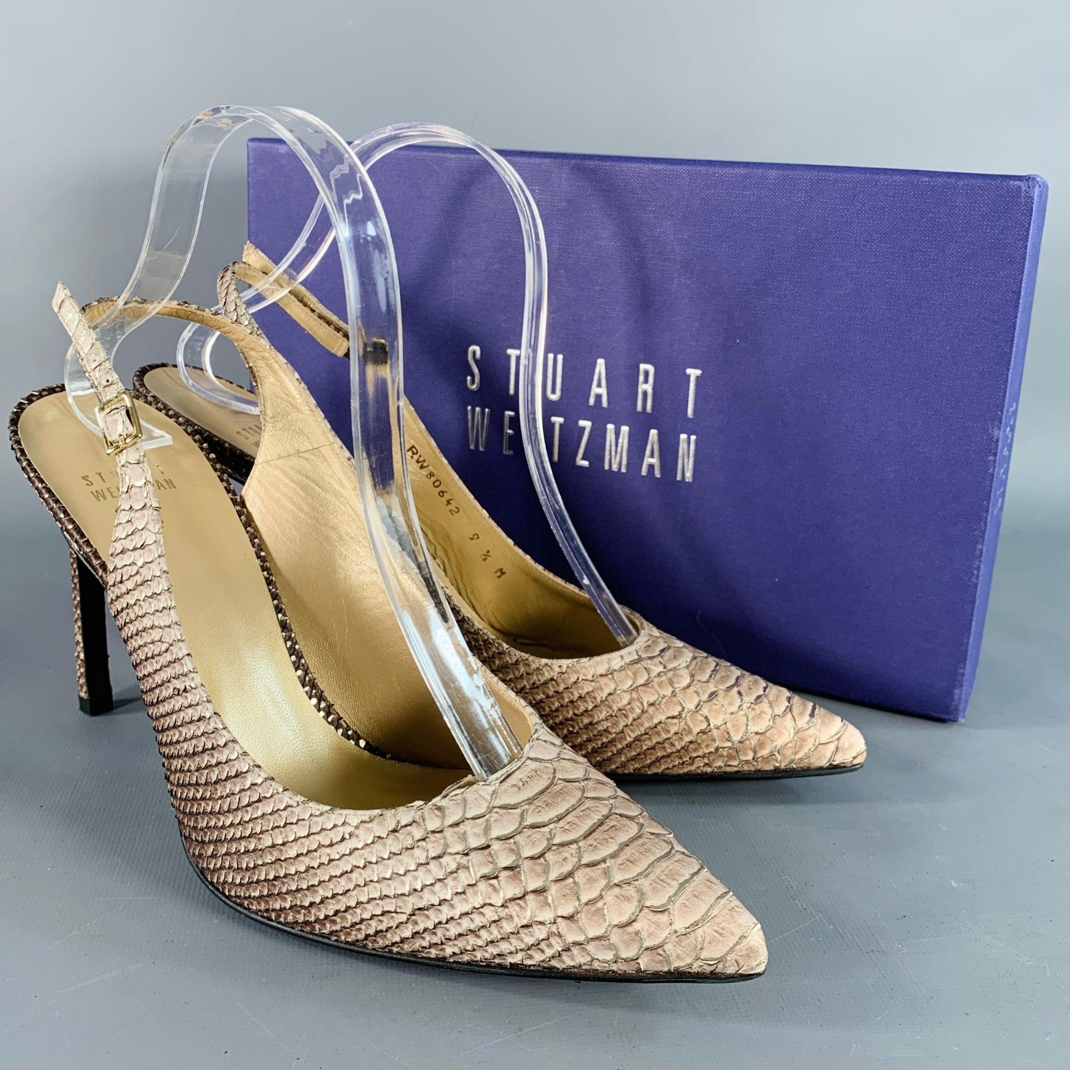 STUART WEITZMAN Size 9.5 Daisy Grey Gold Textured Snakeskin Effect Leather Slingback Pumps For Sale 6