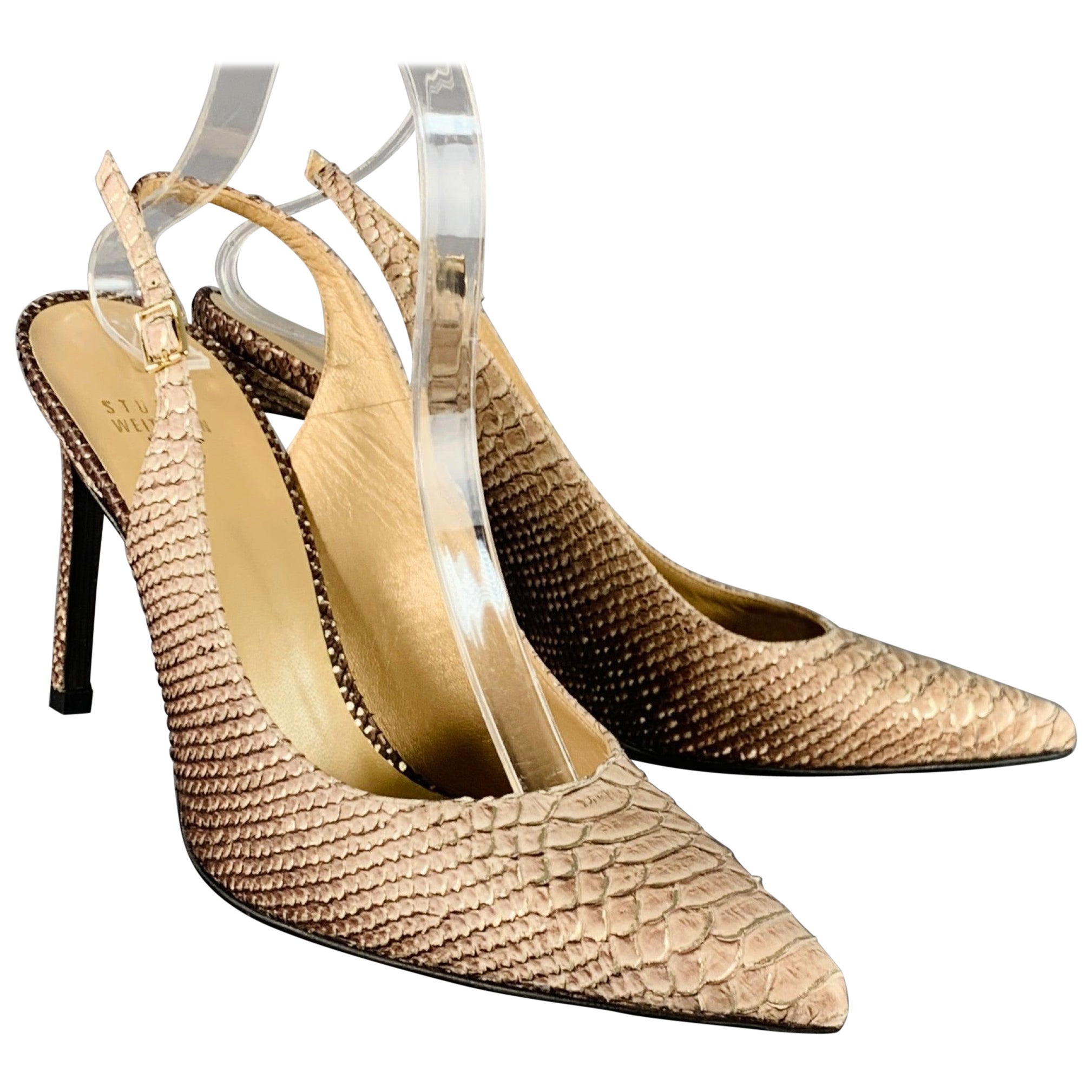 STUART WEITZMAN Taille 9.5 Daisy Grey Gold Textured Snakeskin Effect Leather Slingback Pumps (escarpins en cuir texturé à effet peau de serpent)