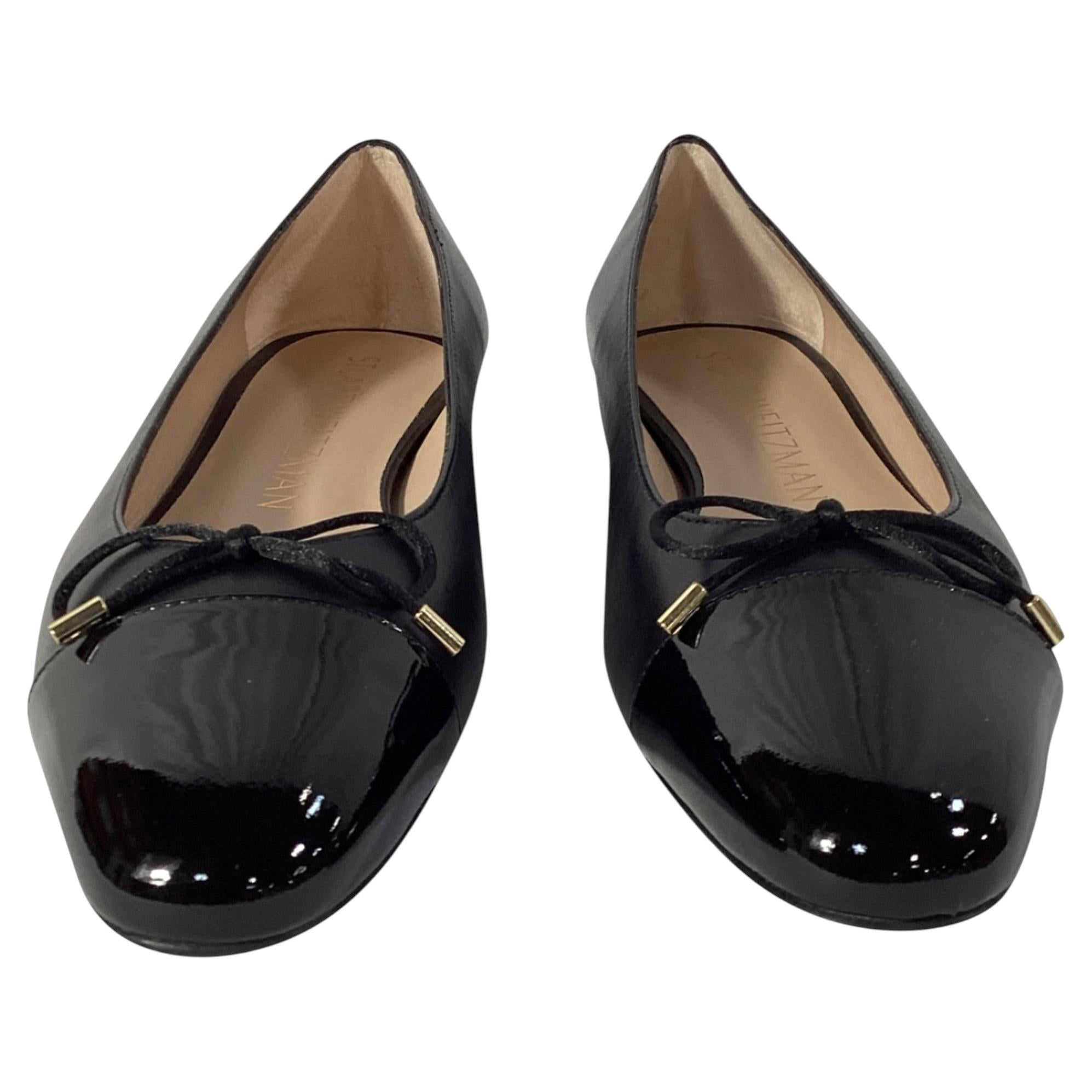 Pre-owned Stuart Weitzman Sleek Cap Toe Bow Flats In Black Leather