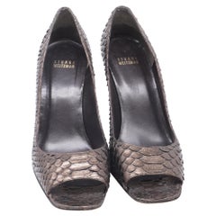 Stuart Weitzman Snakeskin Peep-Toe Pumps  in Brown Leather