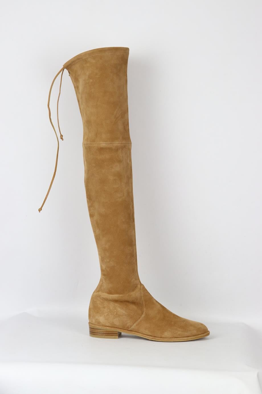 Stuart Weitzman stretch suede over the knee boots. Camel. Pull on. Does not come with dustbag or box. Size: EU 38 (UK 5, US 8). Outersole: 10 in. Shaft: 22.8 in. Heel Height: 1 in. Thigh: 14.8 in. New without box