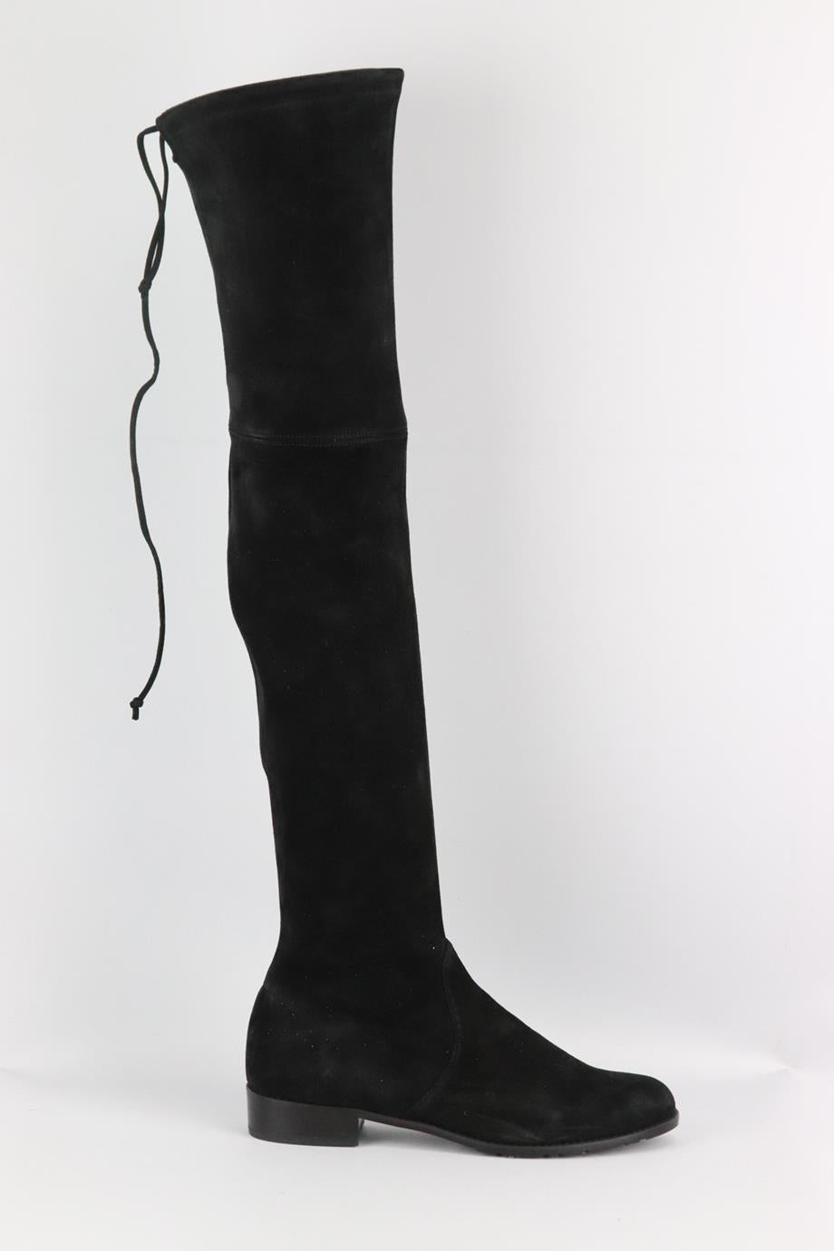 Stuart Weitzman stretch suede over the knee boots. Black. Pull on. Does not come with dustbag and box. Size: EU 38.5 (UK 5.5, US 8.5). Outersole: 10.5 in. Shaft: 23.5 in. Heel: 1.1 in. New without box