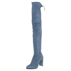 Used Stuart Weitzman Teal Blue Suede Highland Over The Knee Boots Size 38.5
