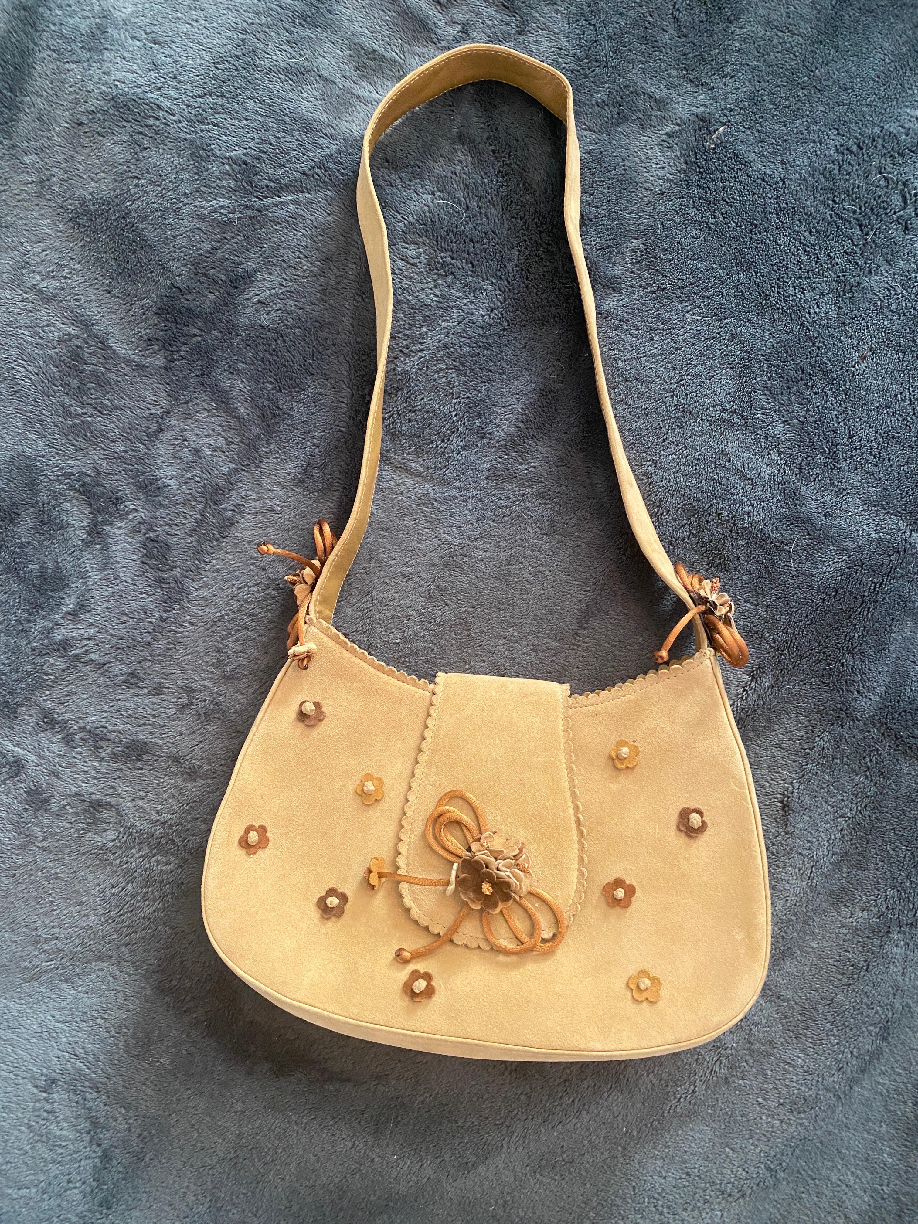 Stuart Weitzman Vintage Brown Suede Handbag with Floral Decoration NWOT For Sale 1