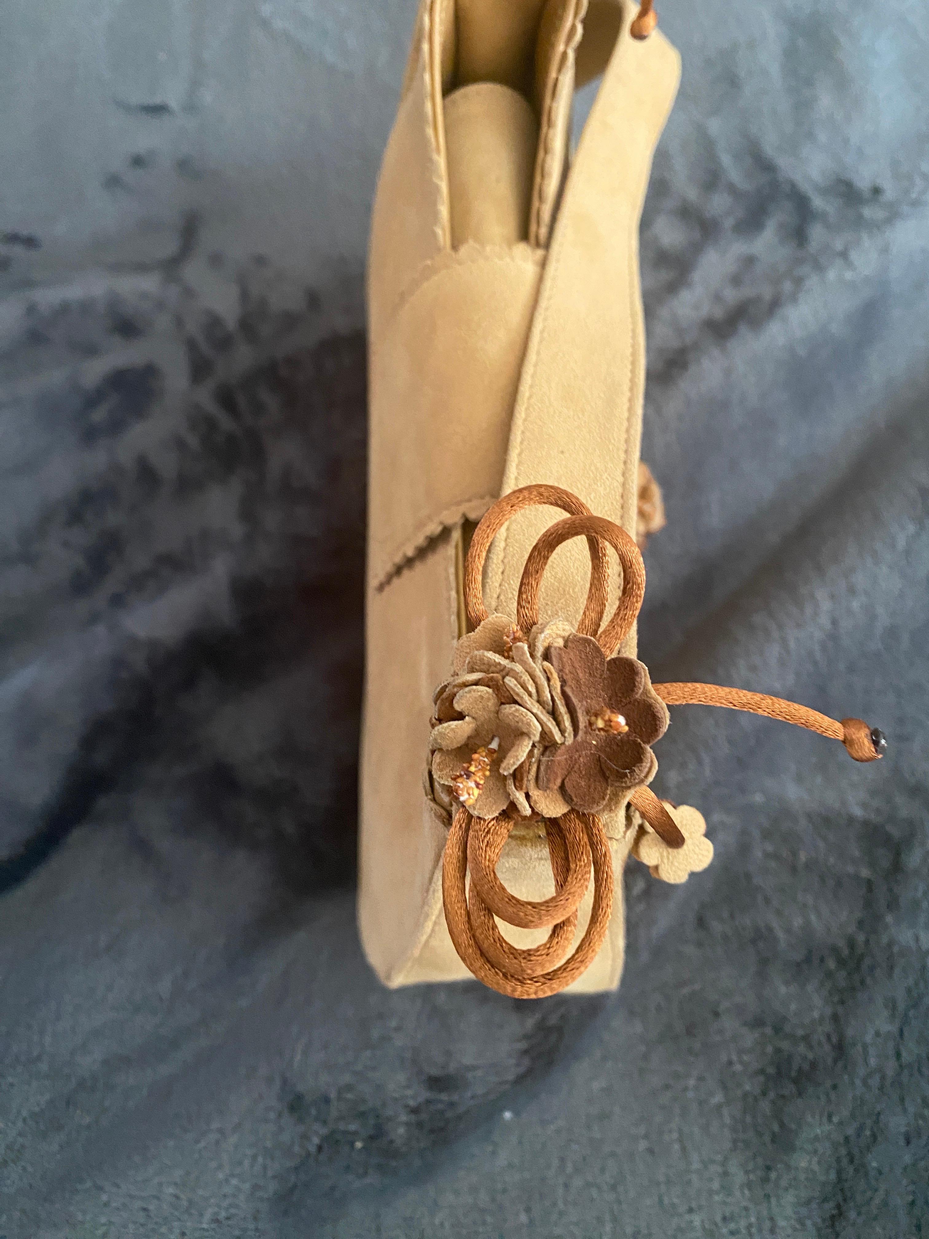 Stuart Weitzman Vintage Brown Suede Handbag with Floral Decoration NWOT For Sale 3